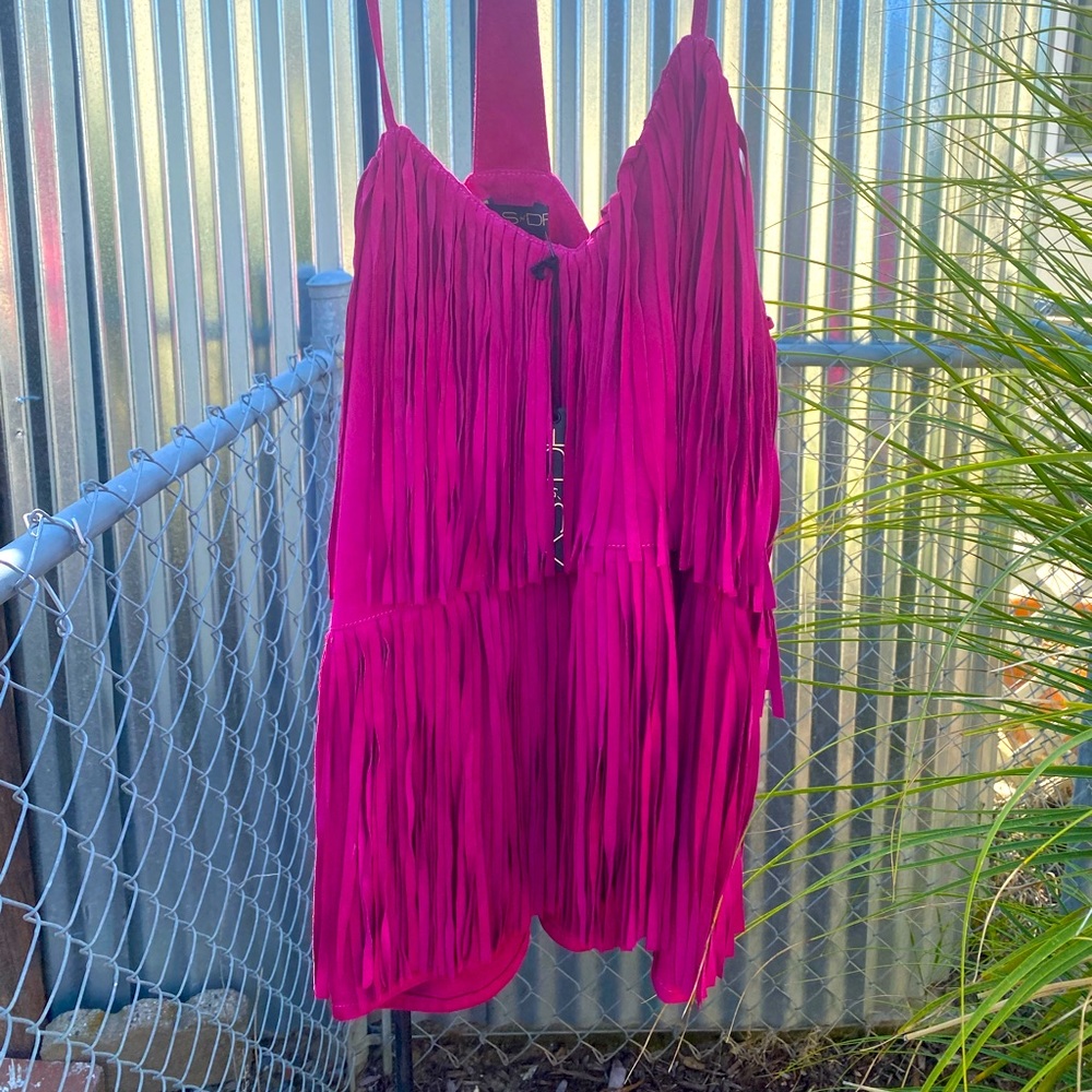 SUEDE FRINGE HALTER TOP
